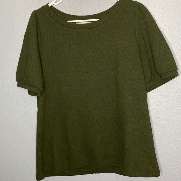 Loft Dark Green Crew Puff Sleeve Texture Short Sleeved Shirt Top Size Medium - Picture 1 of 9